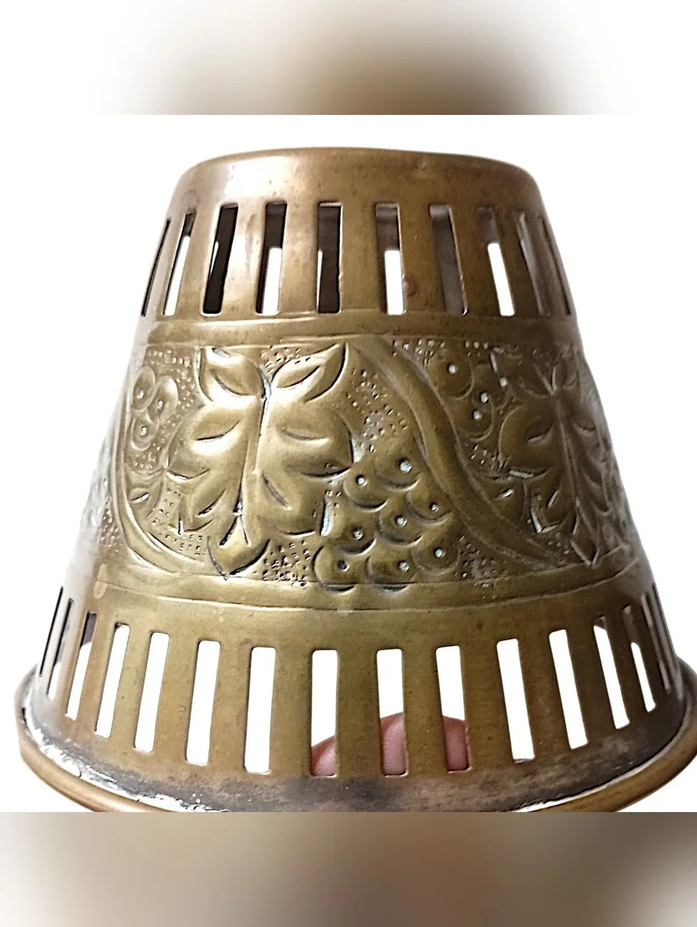 2 Vintage Brass Candle Votive Shades Pair Pierced Embossed Grape Floral Patina